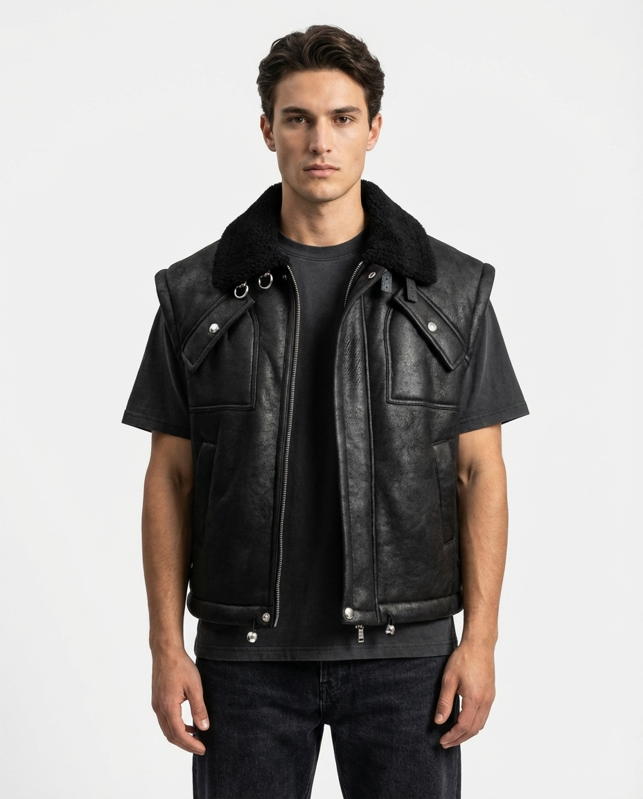 Black Faux Leather Sleeveless Jacket with Shearling Collar