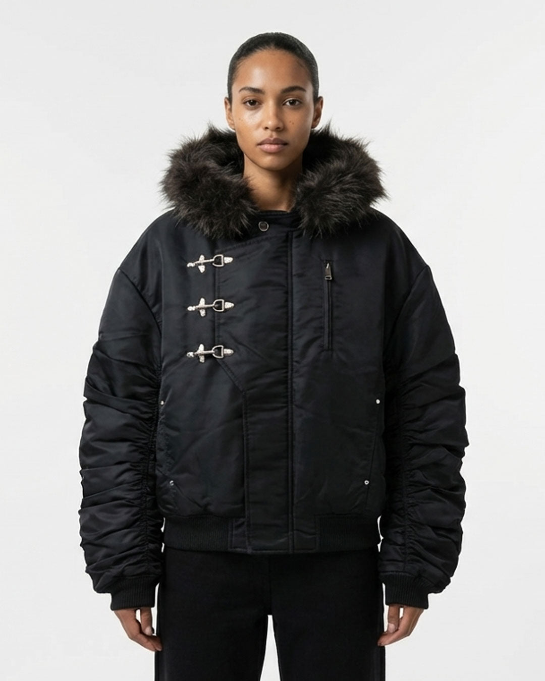 Black Fur-Trim Hooded Bomber Jacket – Premium Winter Puffer Coat
