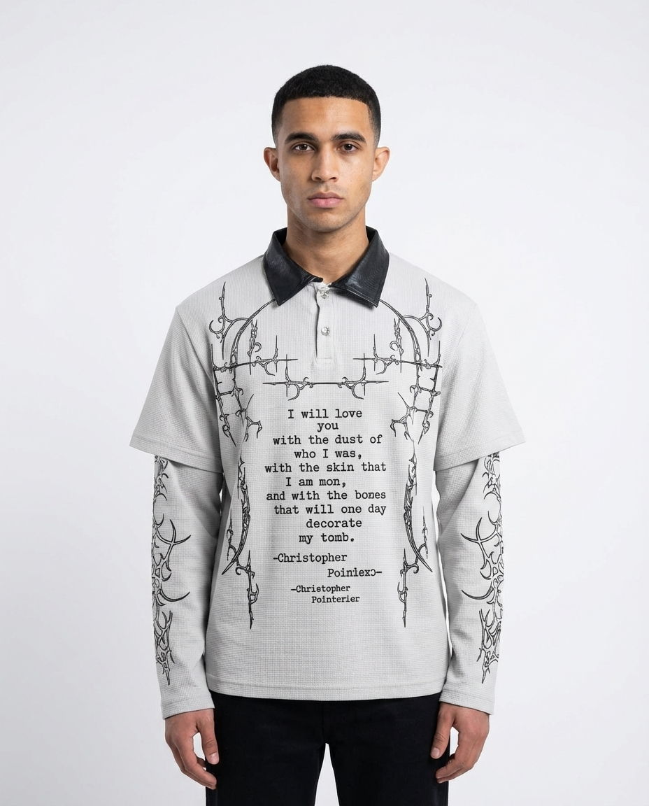 Graphic Dual Sleeve Polo T-Shirt – Grey Printed Layered Streetwear Tee