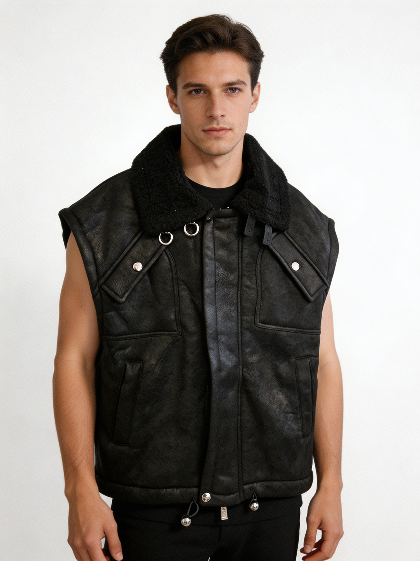 Black Faux Leather Sleeveless Jacket with Shearling Collar