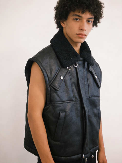 Black Faux Leather Sleeveless Jacket with Shearling Collar