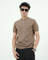 Textured Brown Short-Sleeve Polo Shirt – Tailored Modern Fit