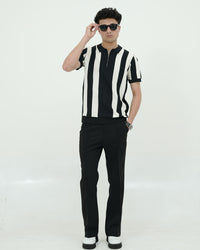 Monochrome Stripe Knit Polo – Black & White Zip Collar
