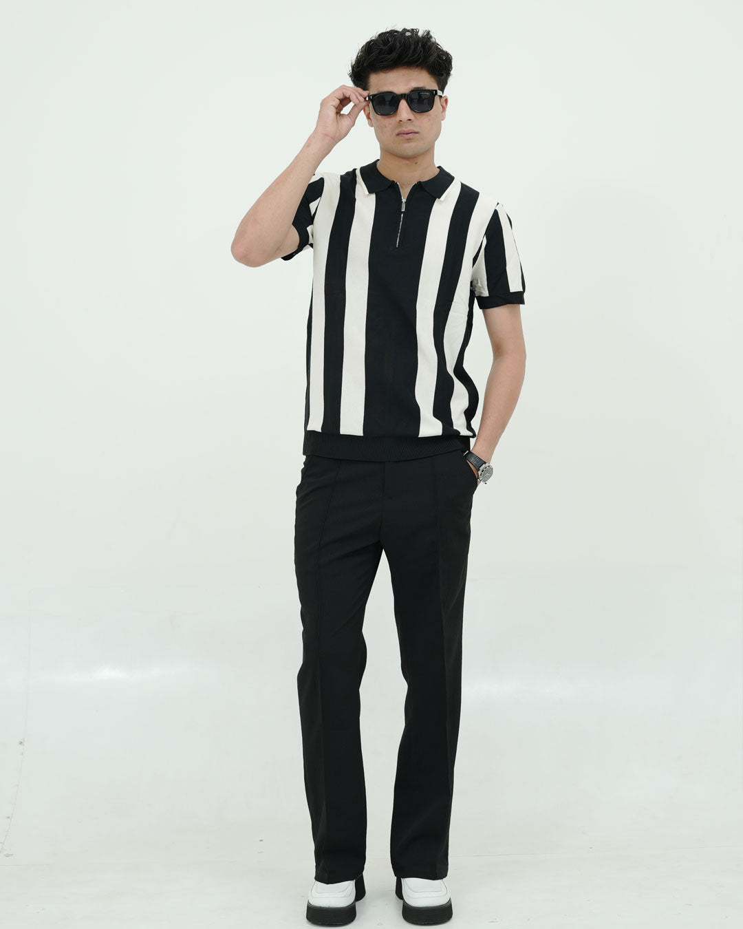 Monochrome Stripe Knit Polo – Black & White Zip Collar