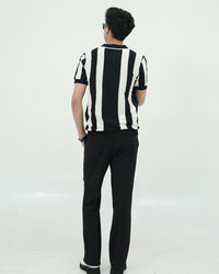 Monochrome Stripe Knit Polo – Black & White Zip Collar