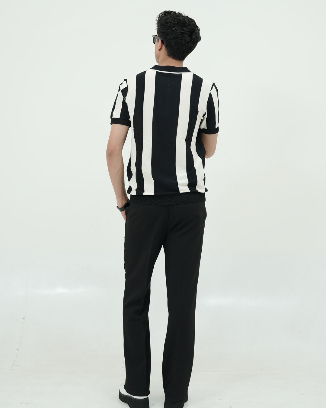 Monochrome Stripe Knit Polo – Black & White Zip Collar