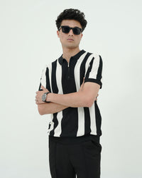 Monochrome Stripe Knit Polo – Black & White Zip Collar