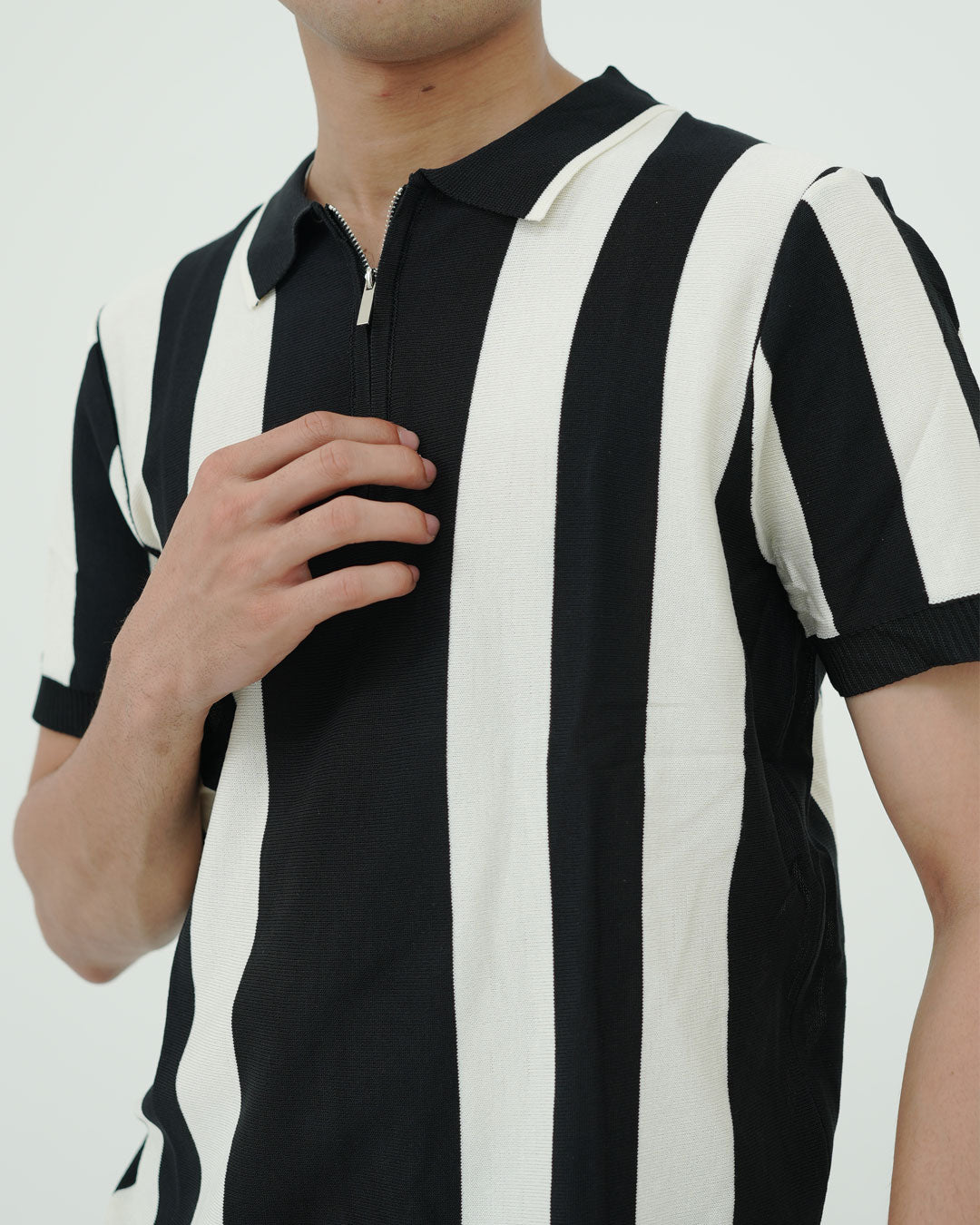 Monochrome Stripe Knit Polo – Black & White Zip Collar