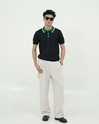 Textured Knit Polo T-Shirt – Black & Green Contrast Collar