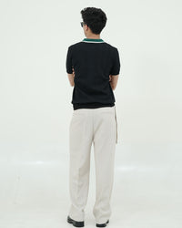 Textured Knit Polo T-Shirt – Black & Green Contrast Collar