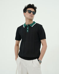 Textured Knit Polo T-Shirt – Black & Green Contrast Collar