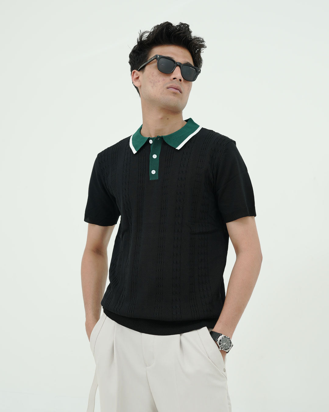 Textured Knit Polo T-Shirt – Black & Green Contrast Collar