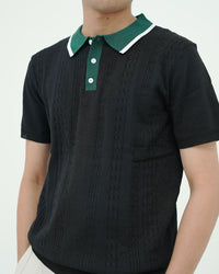 Textured Knit Polo T-Shirt – Black & Green Contrast Collar
