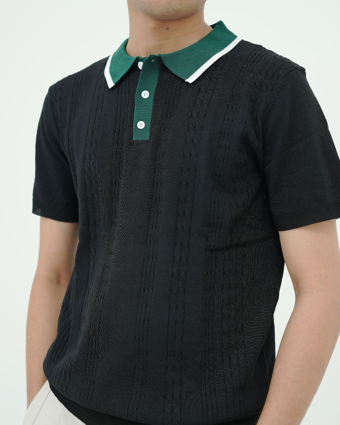 Textured Knit Polo T-Shirt – Black & Green Contrast Collar