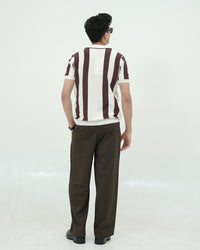Vertical Stripe Knit Polo – Off-White & Brown Zip Collar