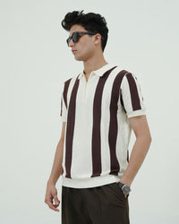 Vertical Stripe Knit Polo – Off-White & Brown Zip Collar