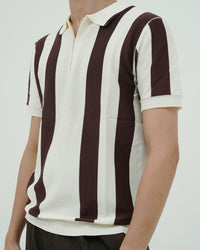 Vertical Stripe Knit Polo – Off-White & Brown Zip Collar