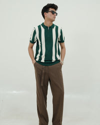 Vertical Stripe Knit Polo – Green & Off-White Retro Style