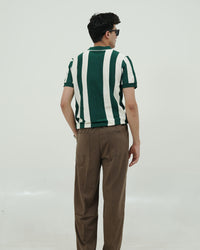 Vertical Stripe Knit Polo – Green & Off-White Retro Style