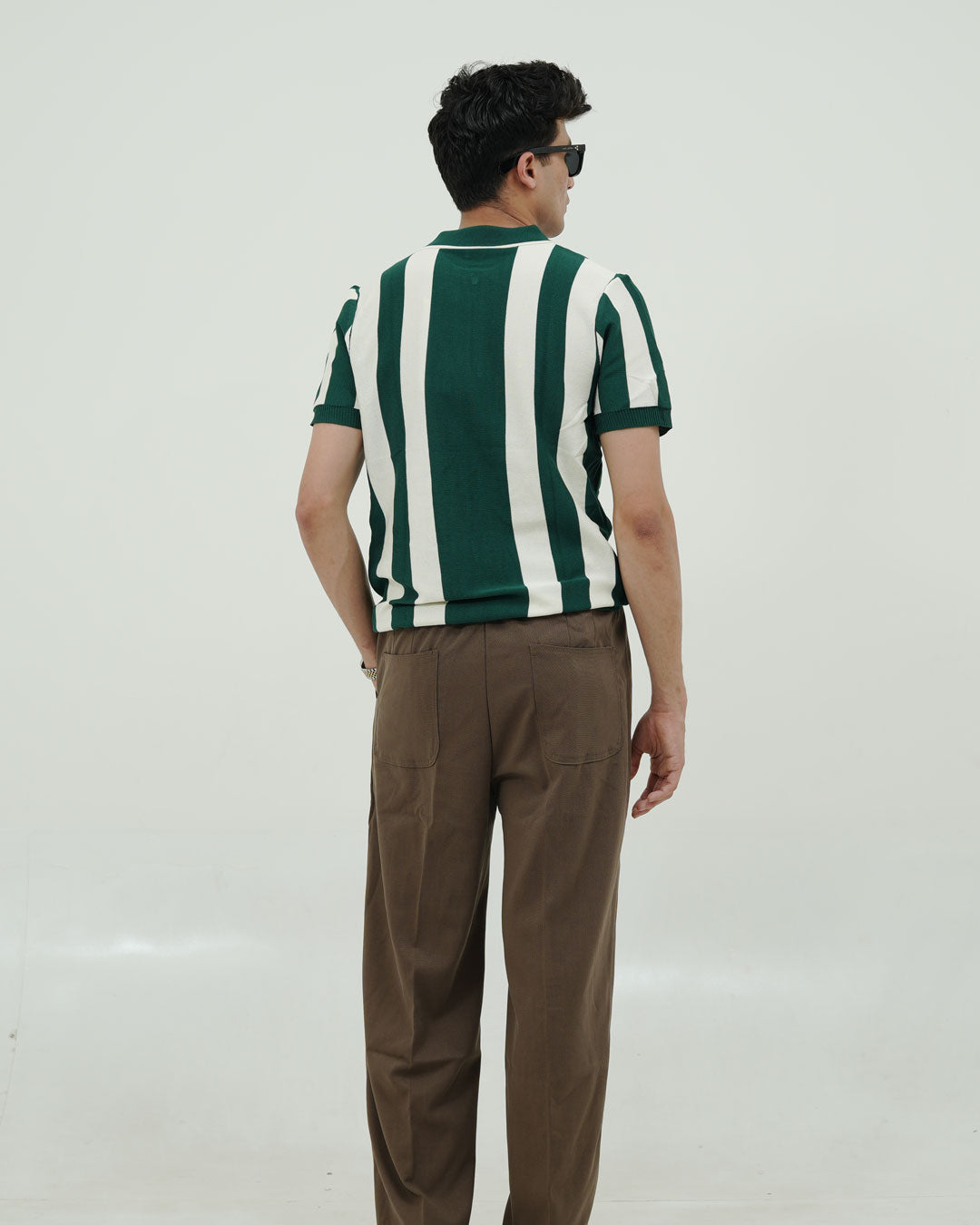 Vertical Stripe Knit Polo – Green & Off-White Retro Style