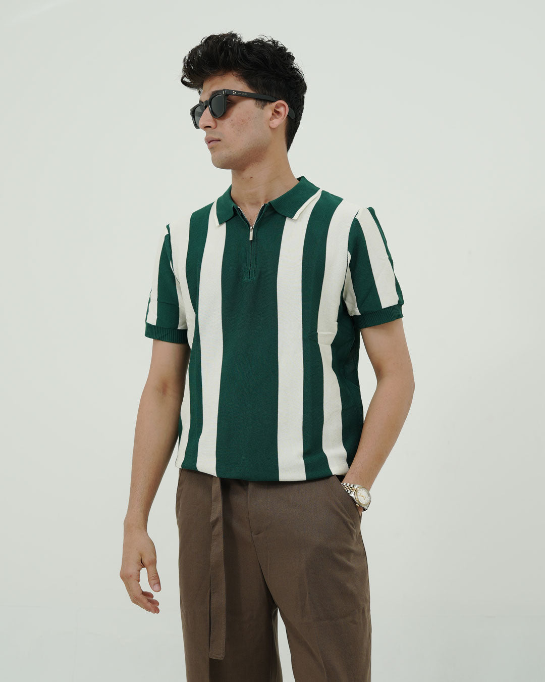 Vertical Stripe Knit Polo – Green & Off-White Retro Style