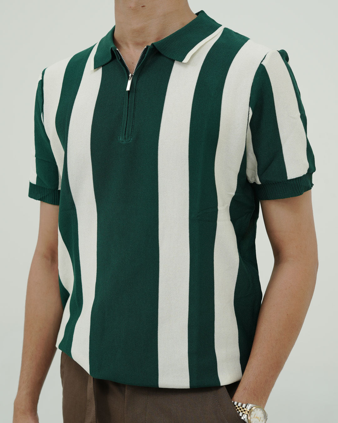 Vertical Stripe Knit Polo – Green & Off-White Retro Style
