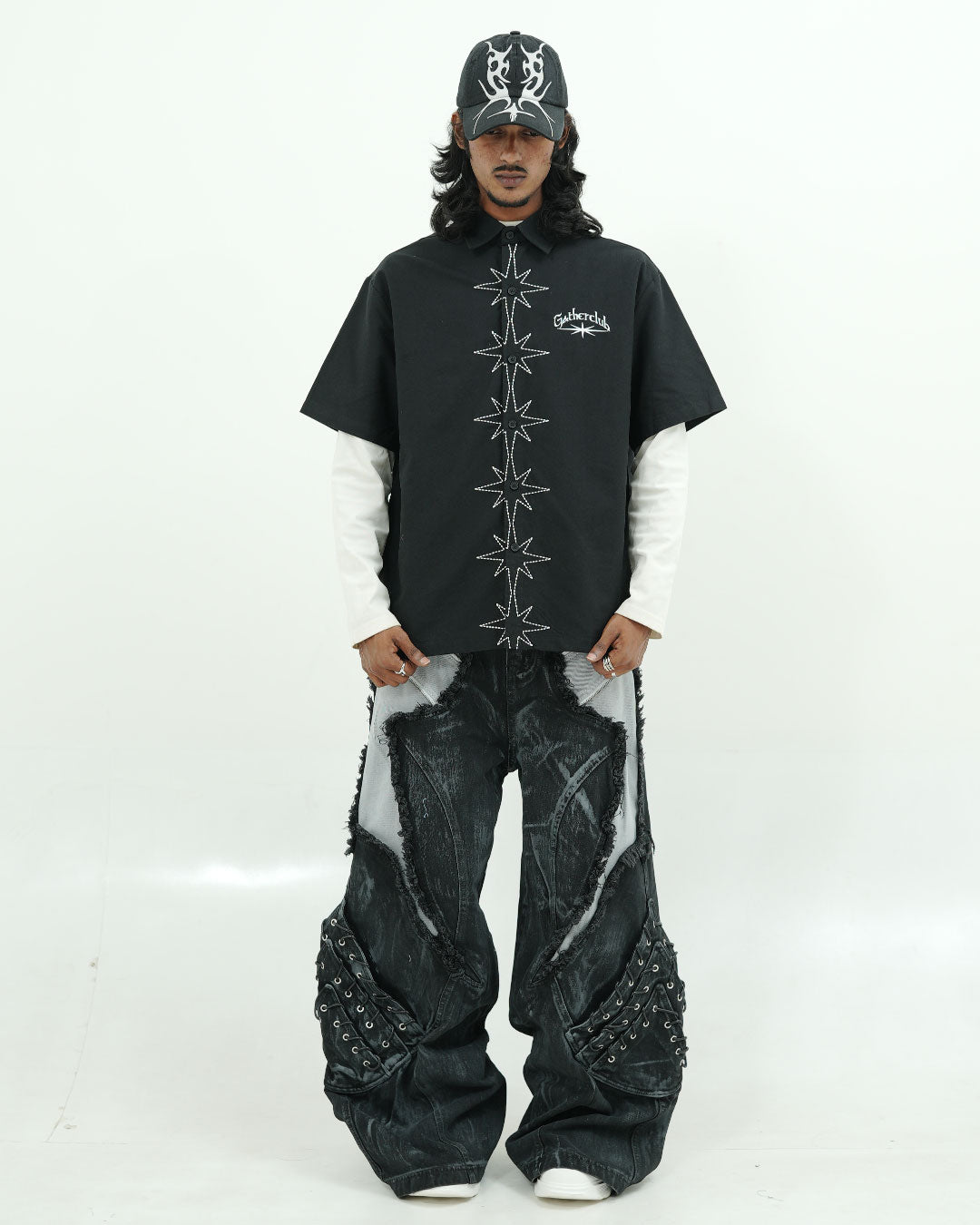 GATHERCLUB STAR STITCH OVERSIZED BLACK SHIRT