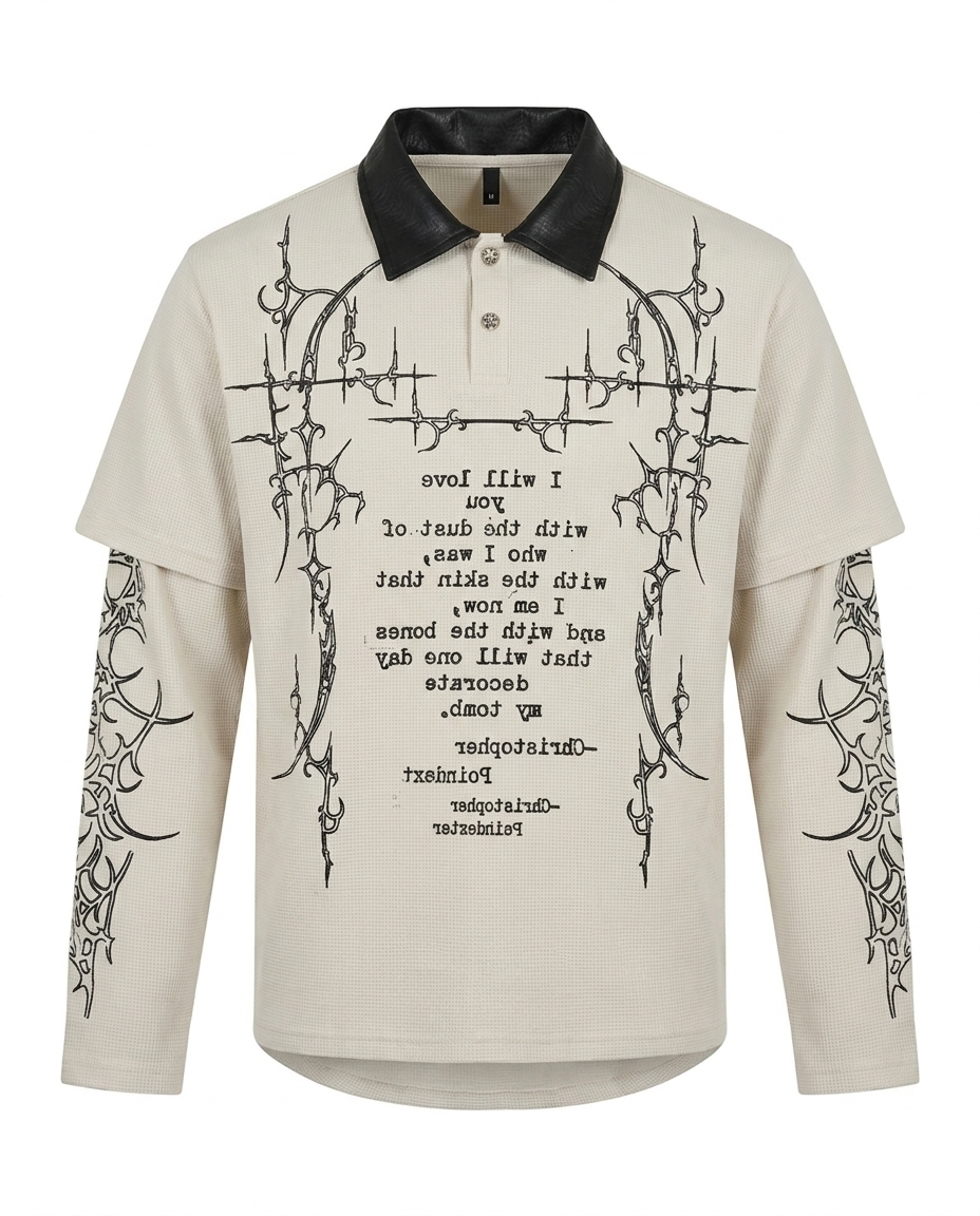 Graphic Dual Sleeve Polo T-Shirt – Grey Printed Layered Streetwear Tee
